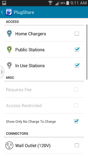 Plugshare No Charge to Charge filter